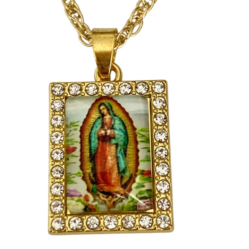 Virgin Mary Our Lady of Guadalupe Gold Necklace 23" Plated Pendant Mexican Saint